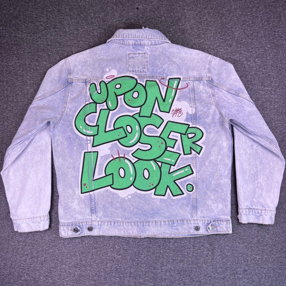 ZARA Acid Wash Denim Jacket Men XL Graphic Distressed Urban Graffiti Trucker Y2k - Picture 2 of 16